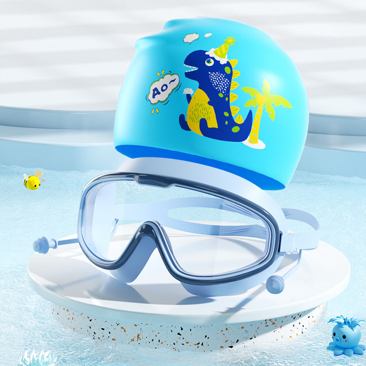Kids Dinosaur-Themed Swim Mask and Cap Set Bowlift