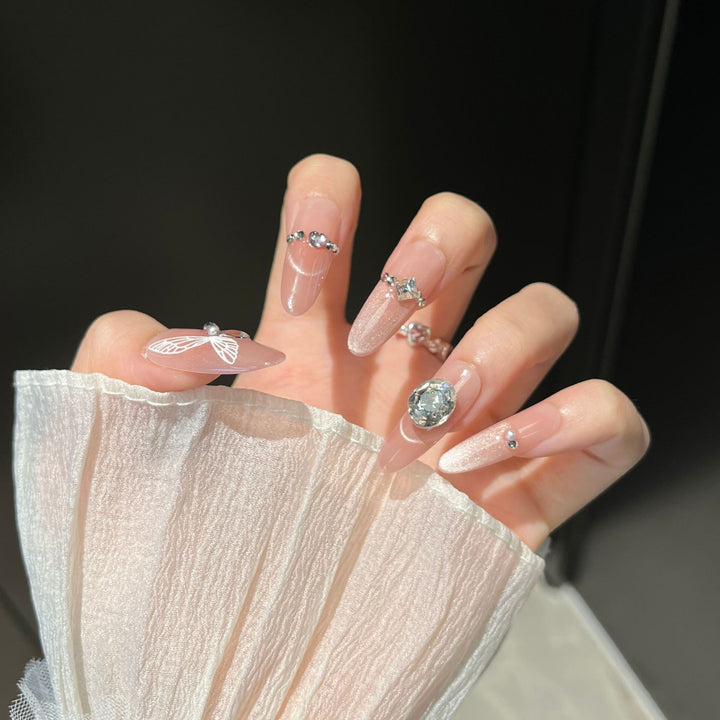 Artistic Gem-Accented Press-On Nail Extensions Bowlift