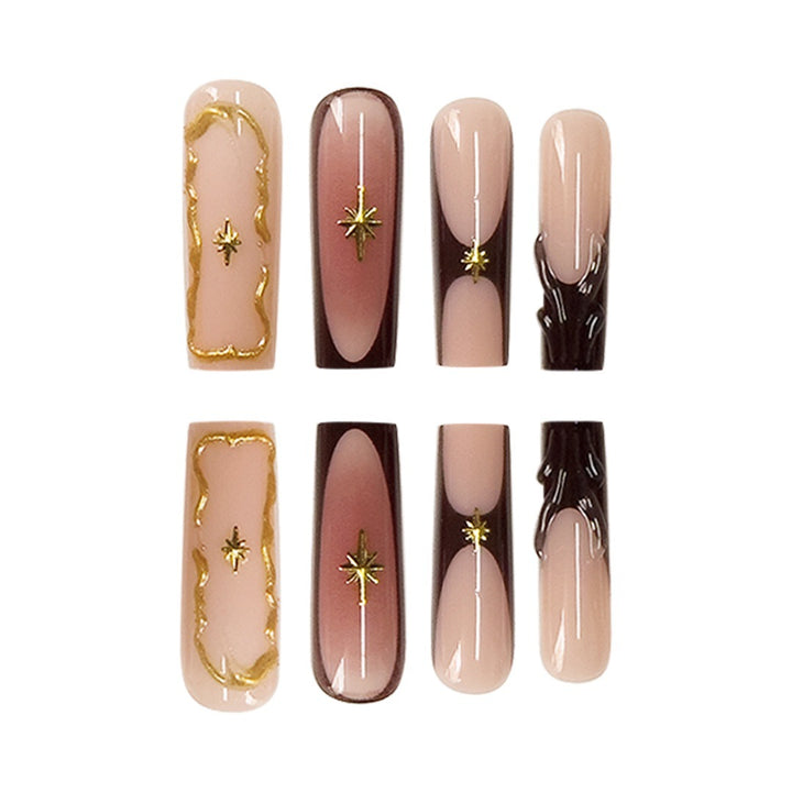 Artistic Long Press-On Nail Art Extensions with Gold Detailing Bowlift