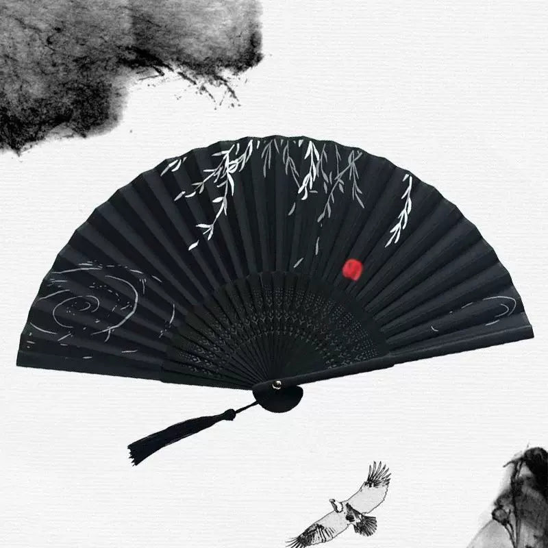 Women One Size Handcrafted Bamboo Pleated Fan with Hand-Painted Calligraphic Willow Design and Decorative Tassel Bowlift