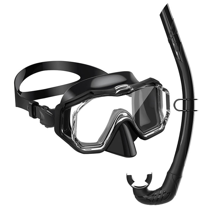 Diving equipment set with ergonomic diving mask and flexible snorkel Bowlift