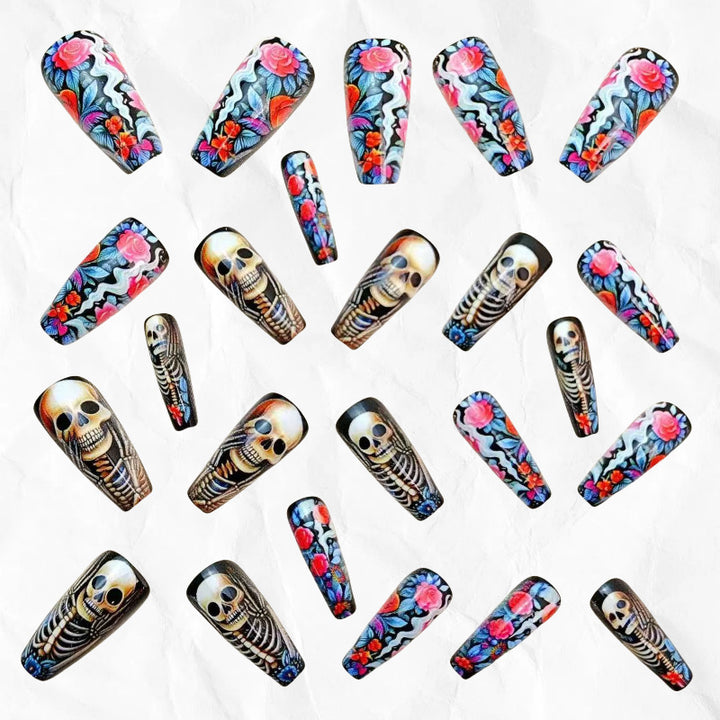 Creative artificial nails with skeleton and flower motifs Bowlift