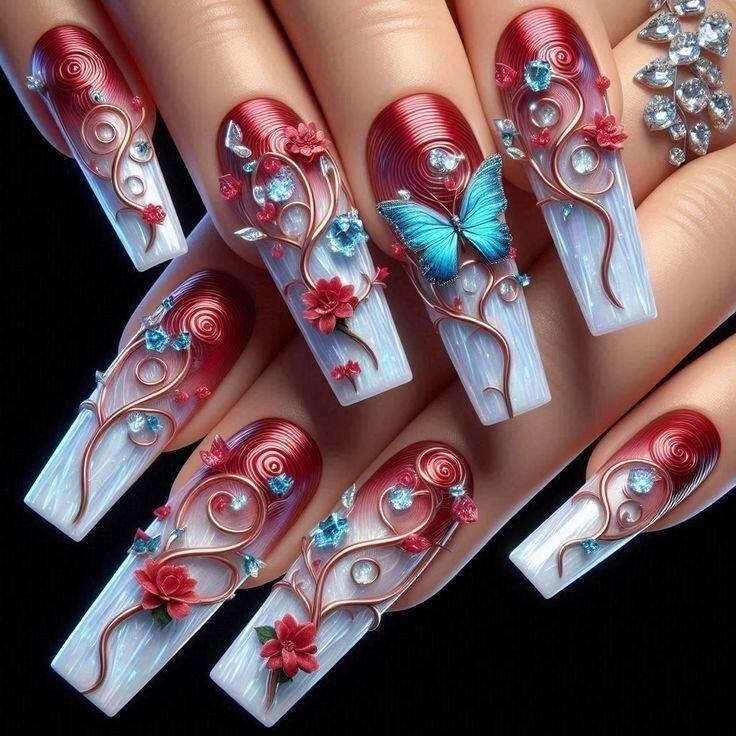 Artificial nails with flower and butterfly design Bowlift