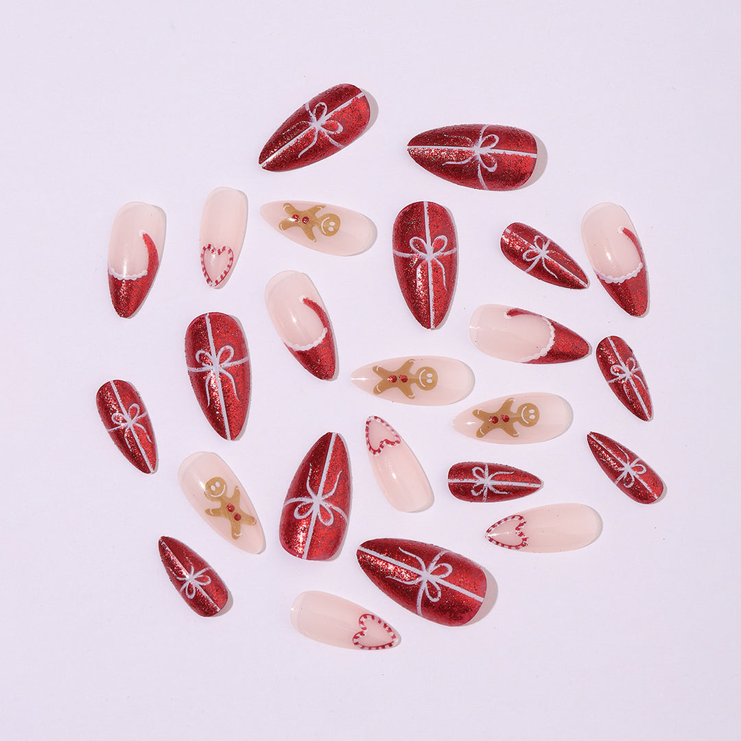 Artificial nail set with festive candy cane and gingerbread pattern Bowlift