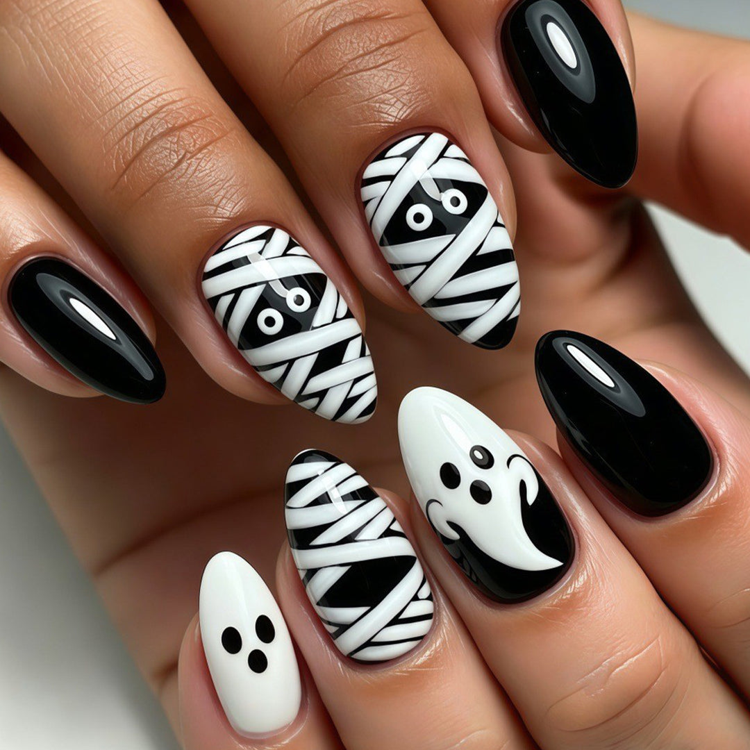 Halloween-Themed Ghost and Mummy Nail Art Bowlift