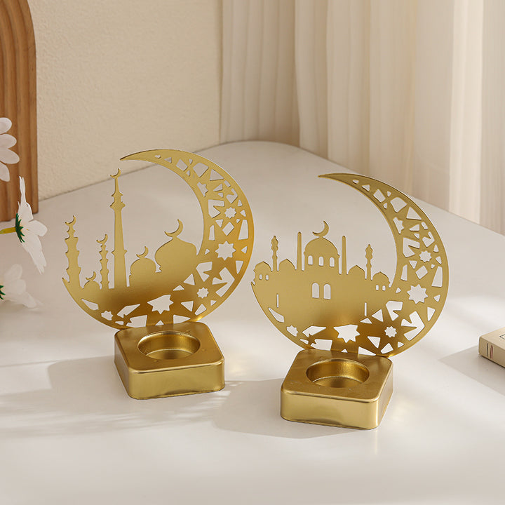 Crescent Silhouette Mosque Tea Light Lantern with Filigree Metal Base Bowlift