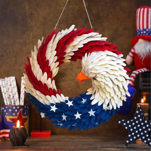 Independence Day rustic round wooden patriotic cross wall plaque with floral accents and God Bless America banner Bowlift