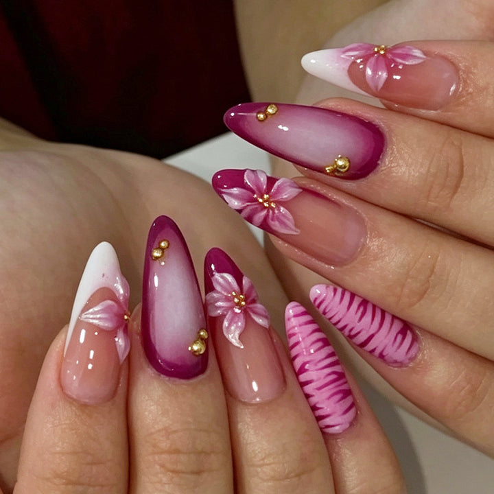Premium Artistic Press-On Nail Set with Floral and Ombre Design Bowlift