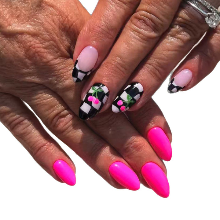 Creative Checkerboard and Cherry Nail Art Bowlift