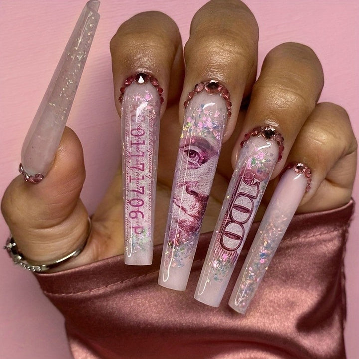 Glamorous artificial nail set with sparkling rhinestones and cross decorations Bowlift