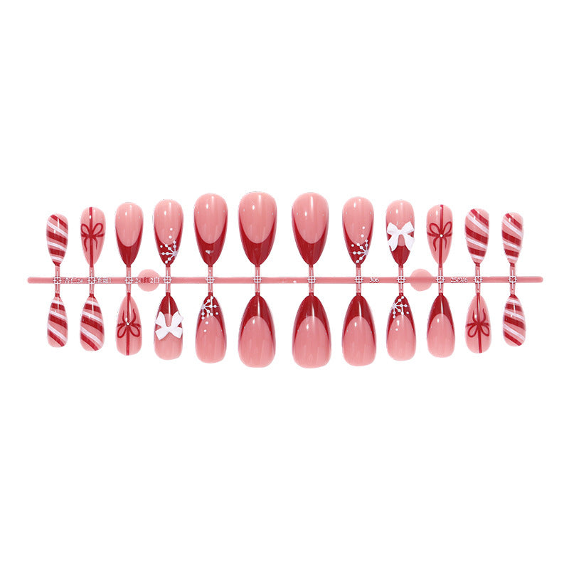 Decorative Press-On Nail Set with Elegant Bow and Striped Designs Bowlift