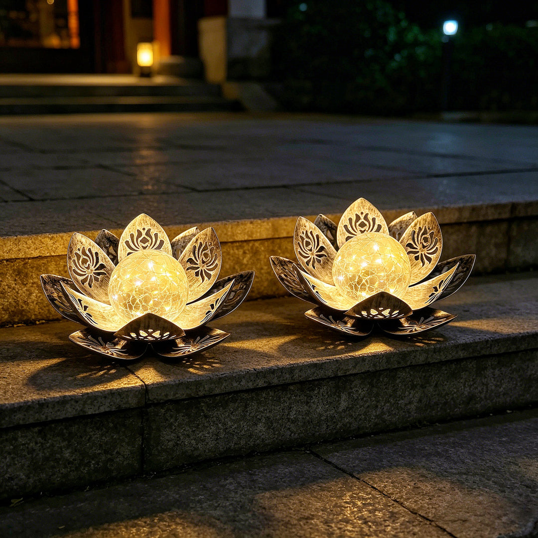 Decorative Solar Lotus LED Garden Lantern With Crackle Glass Globe And Laser-Cut Metal Petals Bowlift