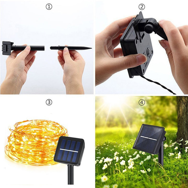 Solar Copper Wire Fairy String Lights With Dual Stake Panels Bowlift