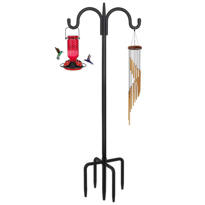 Adjustable double-hook shepherd hook ground stake with anchoring fork for hanging bird feeders and lanterns Bowlift