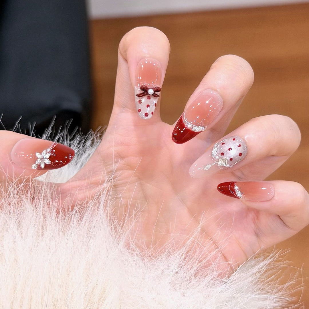 Artistic Press-On Nail Set with Elegant Bow and Gemstone Decor Bowlift