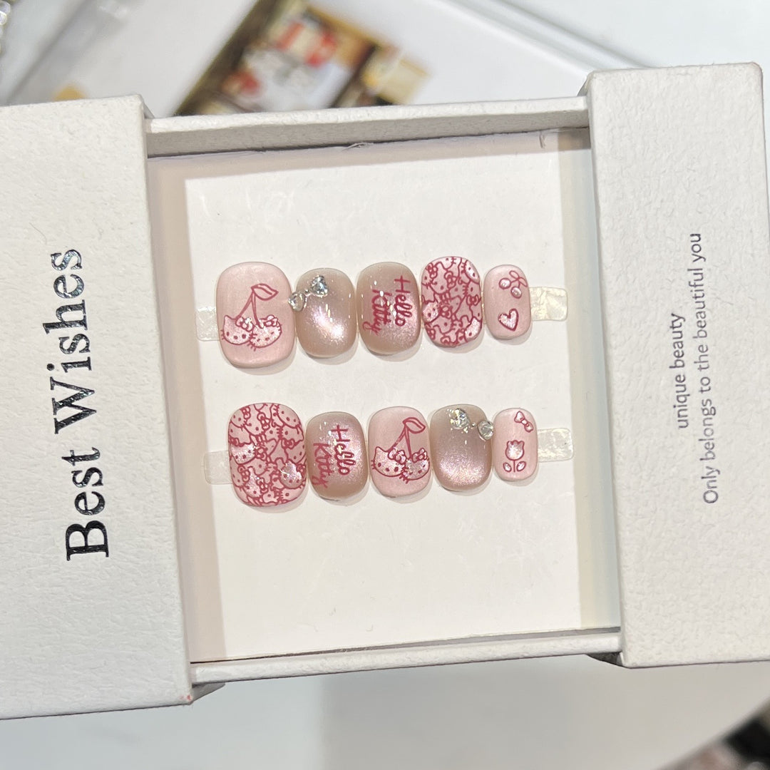Decorative Press-On Nail Art Set with Cherry and Bow Accents Bowlift