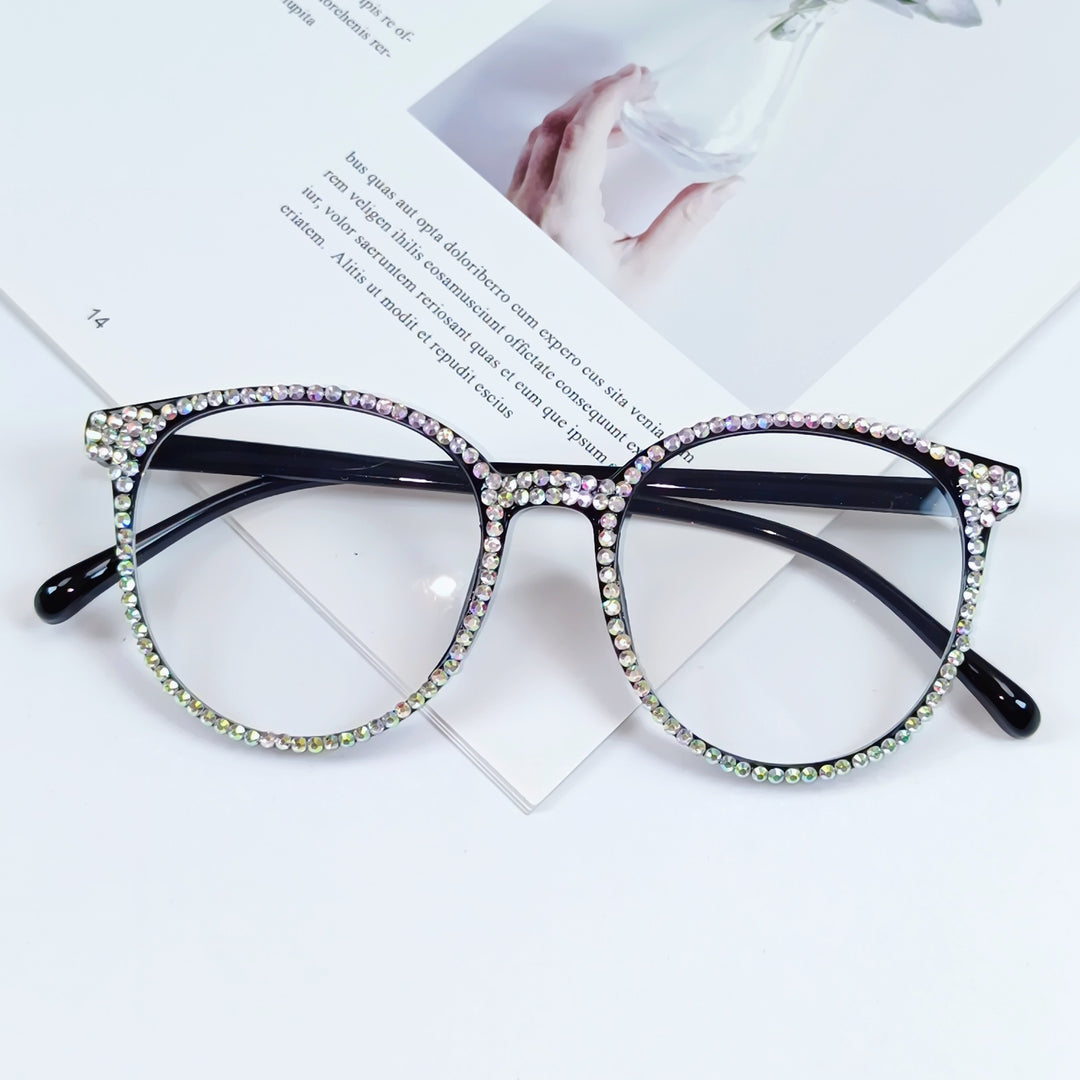 Women Stylish Cat Eye Glasses with Sparkling Rhinestone Trim Bowlift
