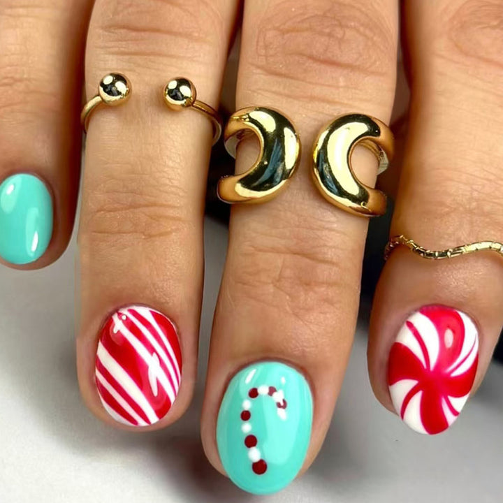 Festive Candy Cane Press-On Nails Bowlift