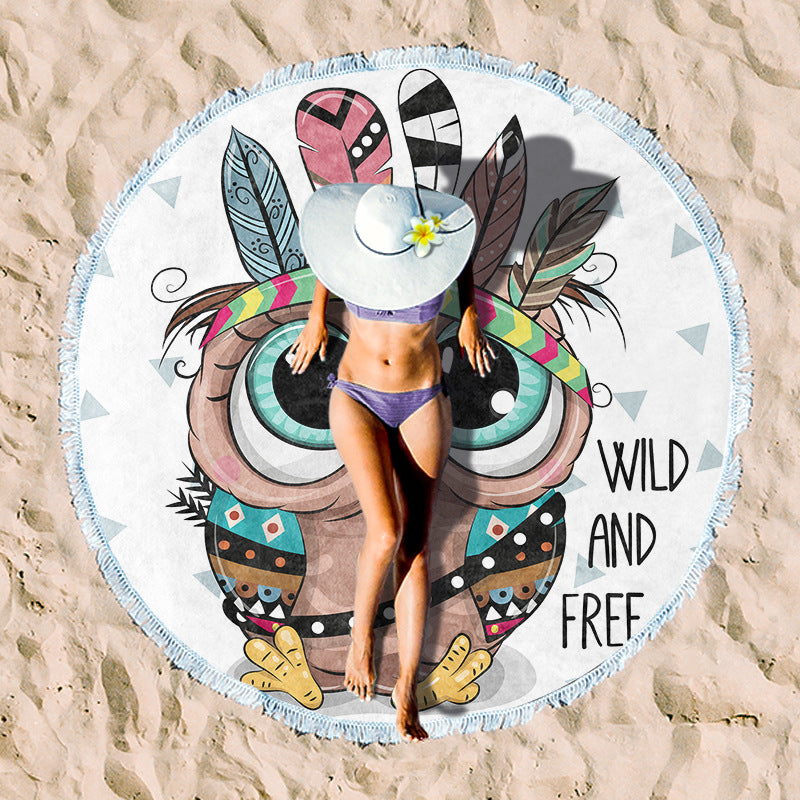 Round beach towel with tropical leaf print and fringe decoration Bowlift