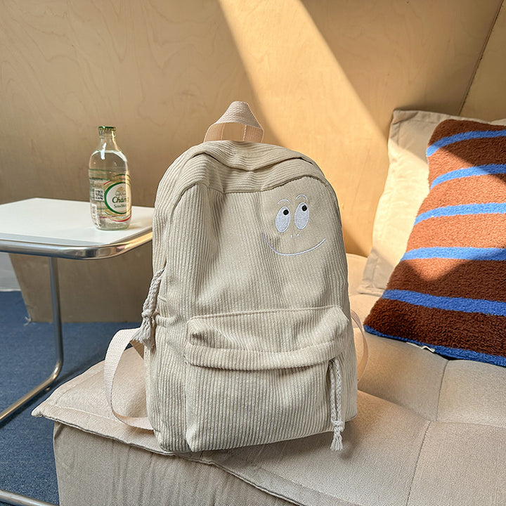 Adorable Corduroy Backpack with Embroidered Smile