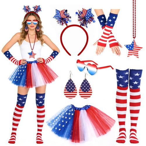 Women's Independence Day tulle tutu skirt with oversized bow headband over-the-knee star-striped stockings and matching arm sleeves Bowlift