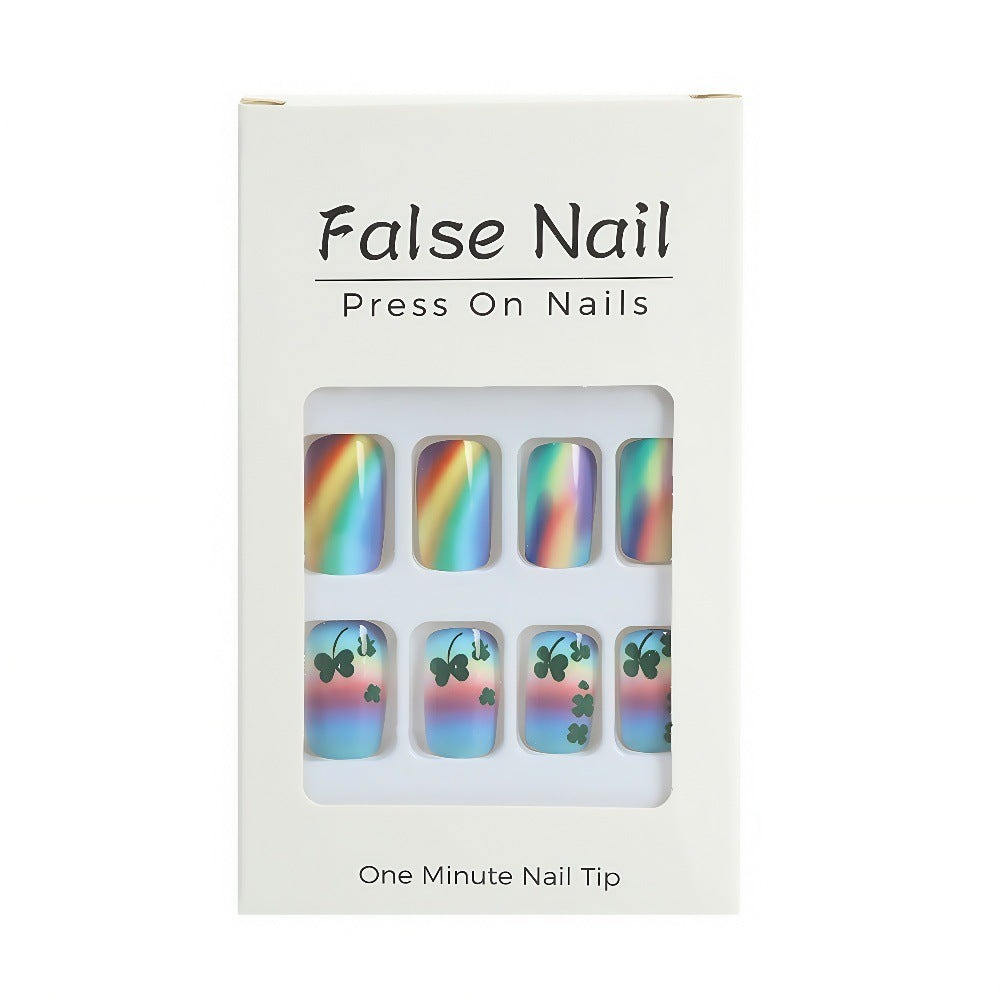 Artificial nails with colorful rainbow and clover leaf designs Bowlift