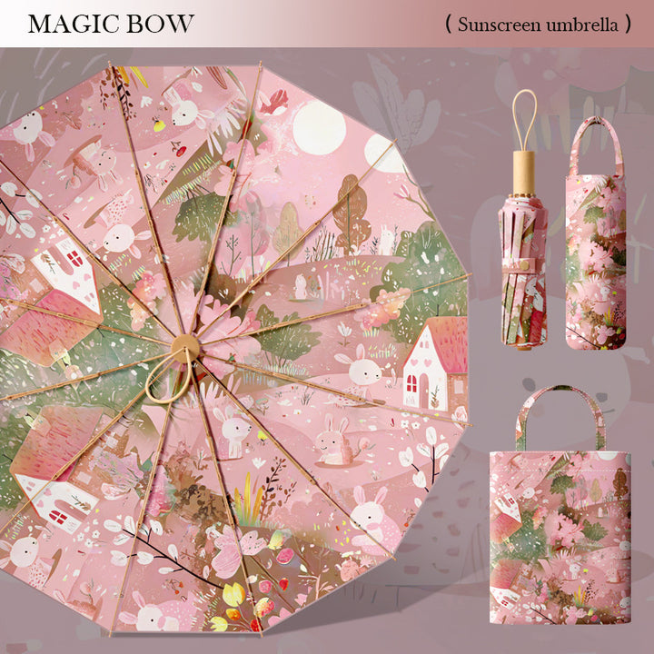 Women's elegant folding parasol with floral accents and practical carrying bag Bowlift