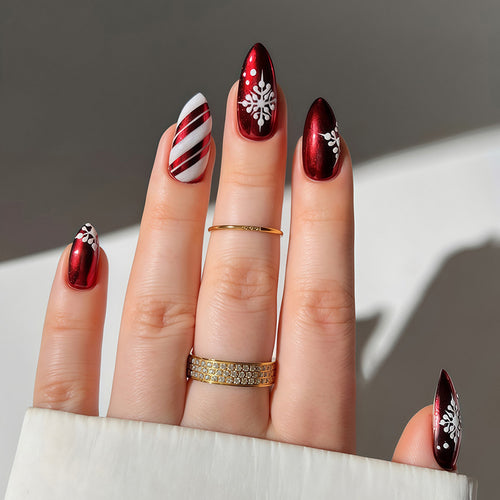 Acrylic Nail Set with Festive Winter Design and Glamorous Accents Bowlift