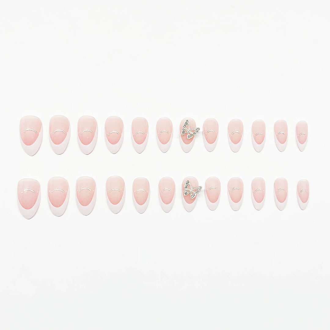 Artificial nail set with elegant French design and rhinestone-embellished accents Bowlift