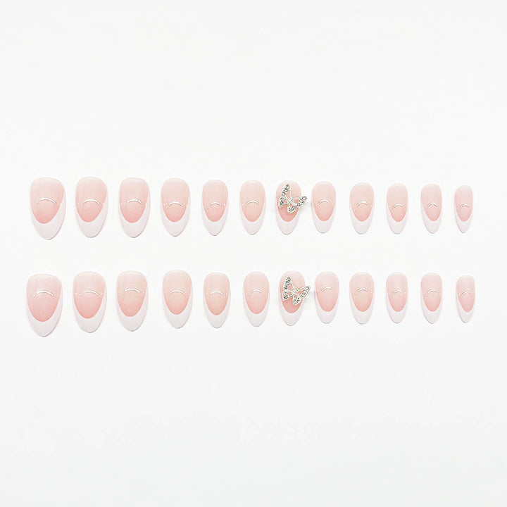 Artificial nail set with elegant French design and rhinestone-embellished accents Bowlift