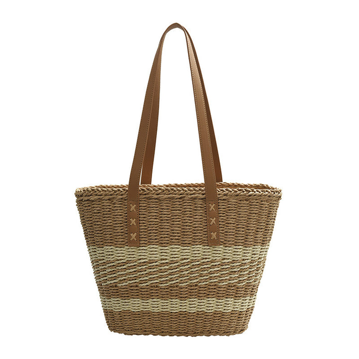 Woven Natural Material Handbag with Leather Accents Bowlift