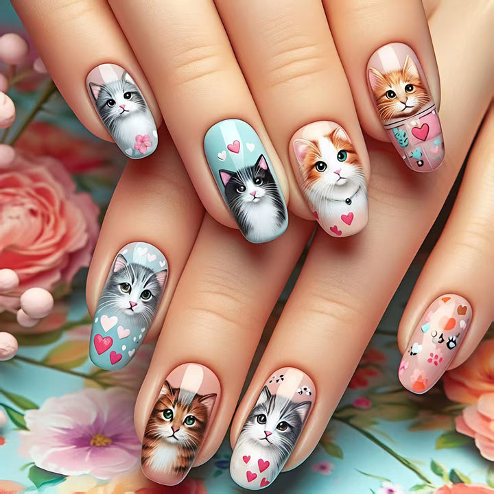 Stylish Cat Design Artificial Nails Bowlift