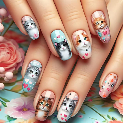 Stylish Cat Design Artificial Nails Bowlift