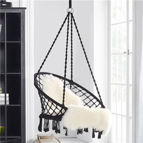 Macrame hanging chair with complete ceiling mounting kit and decorative tassel fringe Bowlift