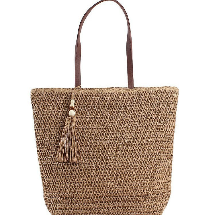 Spacious Shoulder Bag Made of Braided Natural Material with Decorative Tassel Bowlift