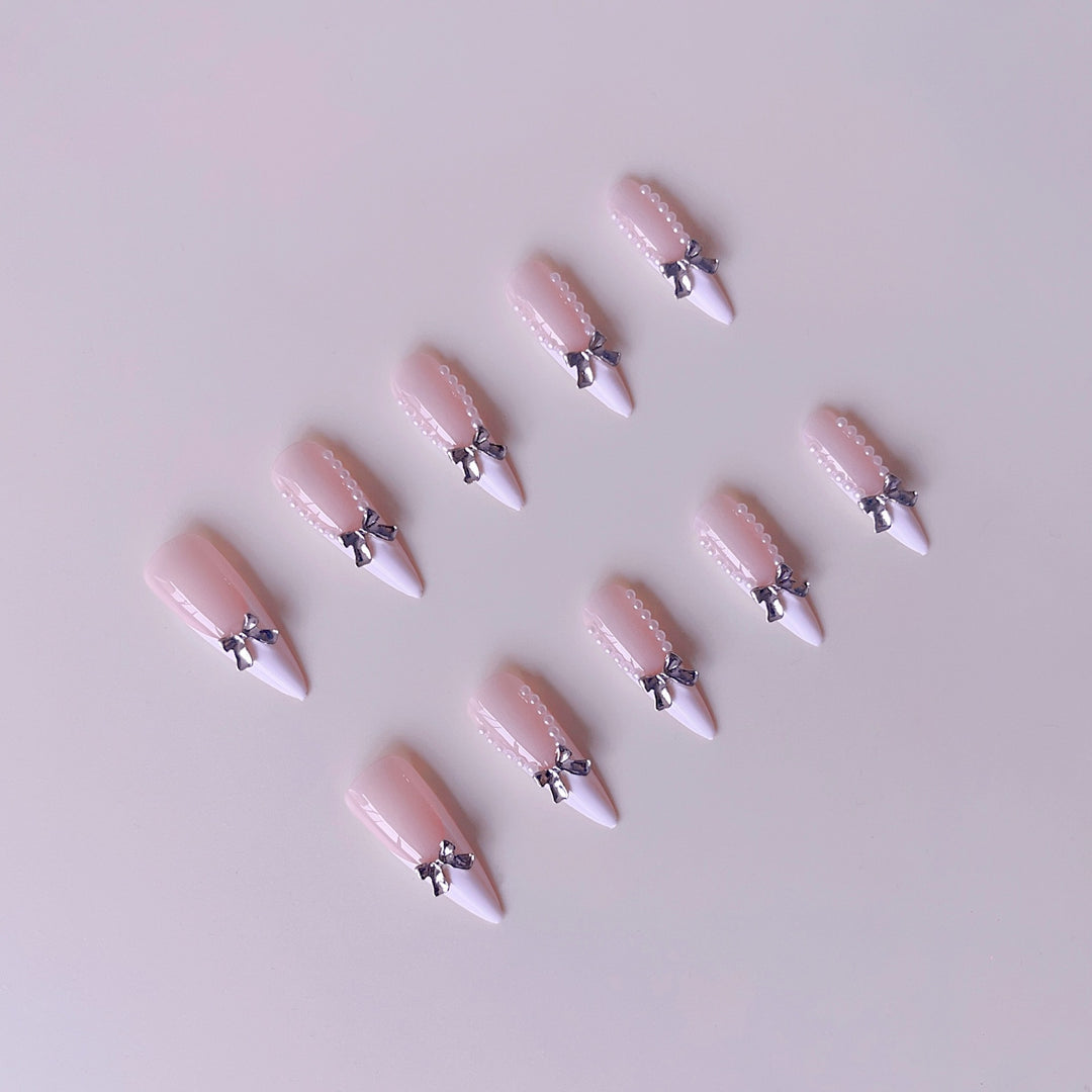 Elegant artificial nail set with 3D rhinestone details and pointed accents Bowlift