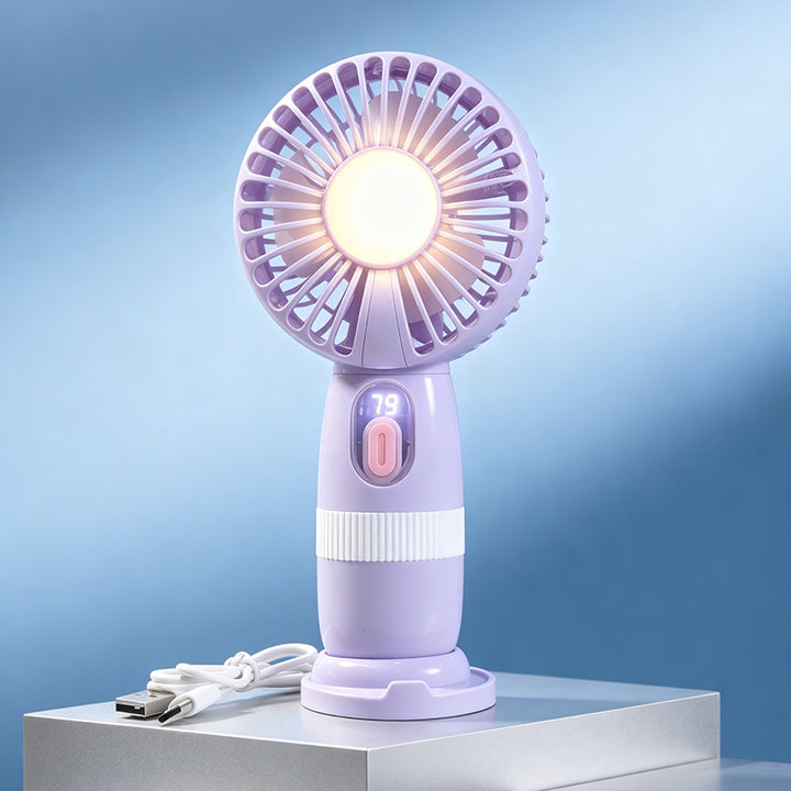 Women's Portable Handheld Fan with LED Lighting and Digital Temperature Display Bowlift