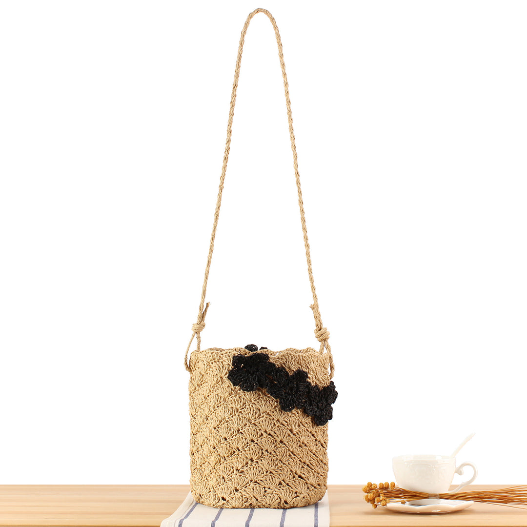 Handbag Made From Hand-Knotted Natural Material with Floral Appliqué Bowlift