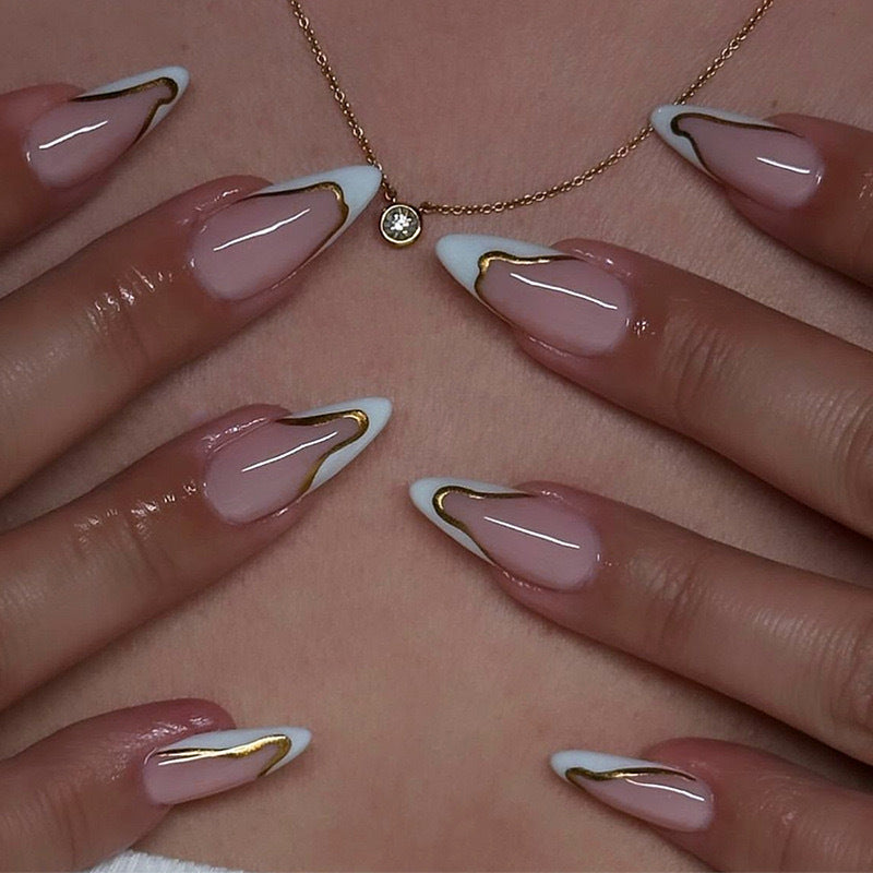 Artificial nail set with elegant French design and gold accents Bowlift