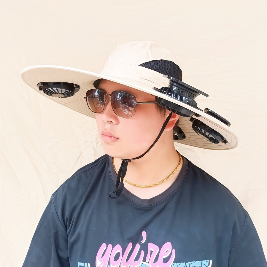 Wide-brimmed sun hat with detachable swivel solar fans and adjustable chin strap Bowlift