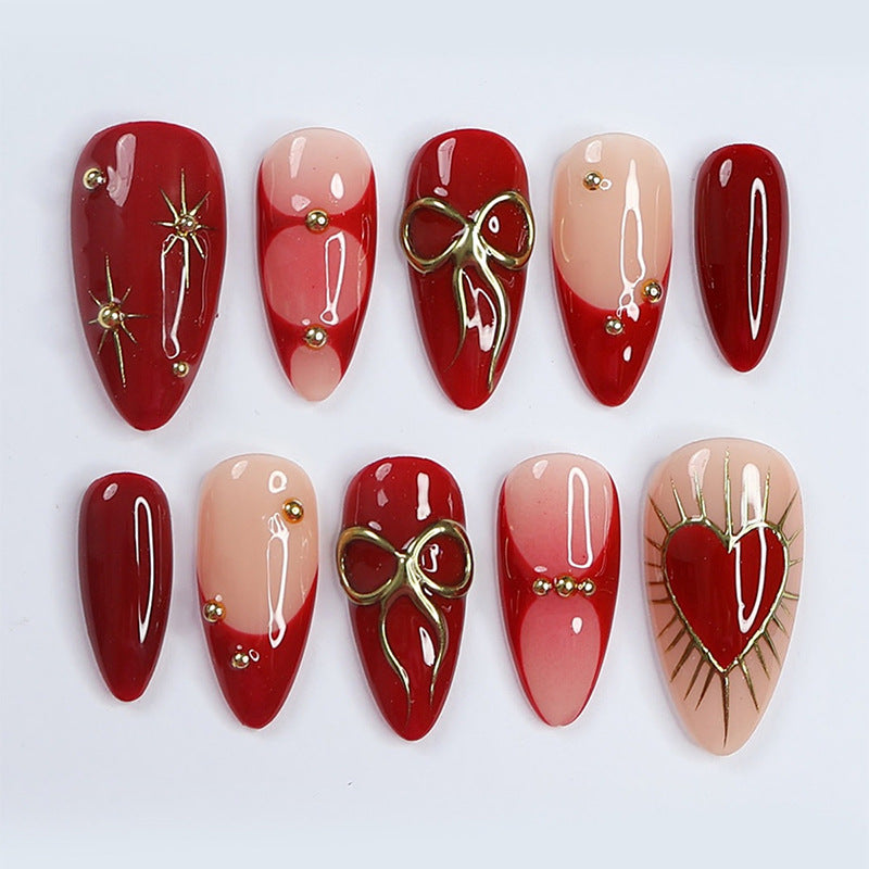 Decorative Press-On Nail Set with Elegant Heart and Floral Designs Bowlift