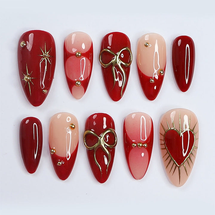 Decorative Press-On Nail Set with Elegant Heart and Floral Designs Bowlift