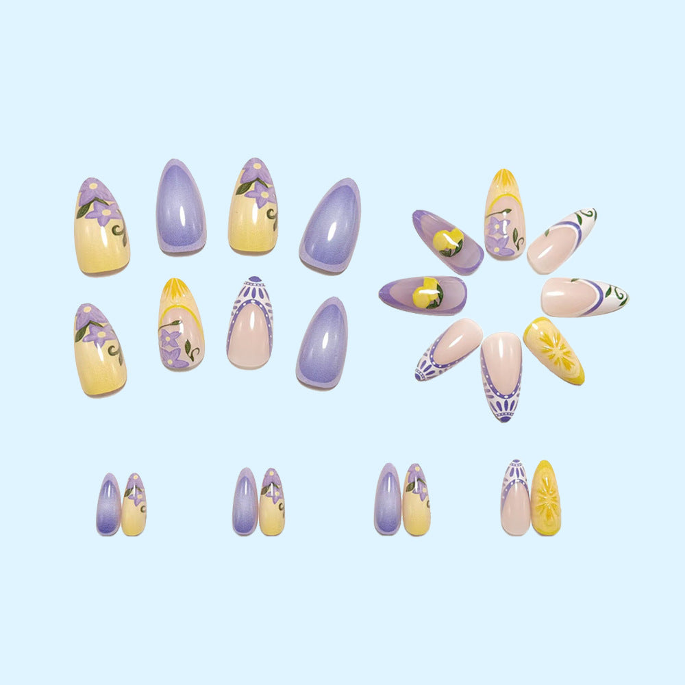 Artificial nails with creative lemon and lilac design Bowlift