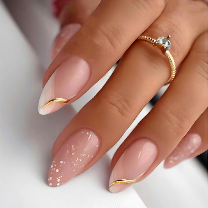 Premium Decorative Press-On Nail Set with Glitter and Gold Accents Bowlift