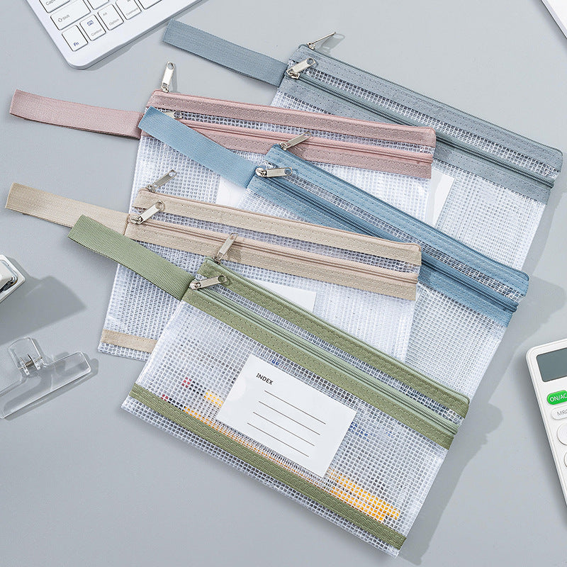 Transparent Mesh Zipper Pouch Set with Wrist Strap Stationery Organizer Bowlift