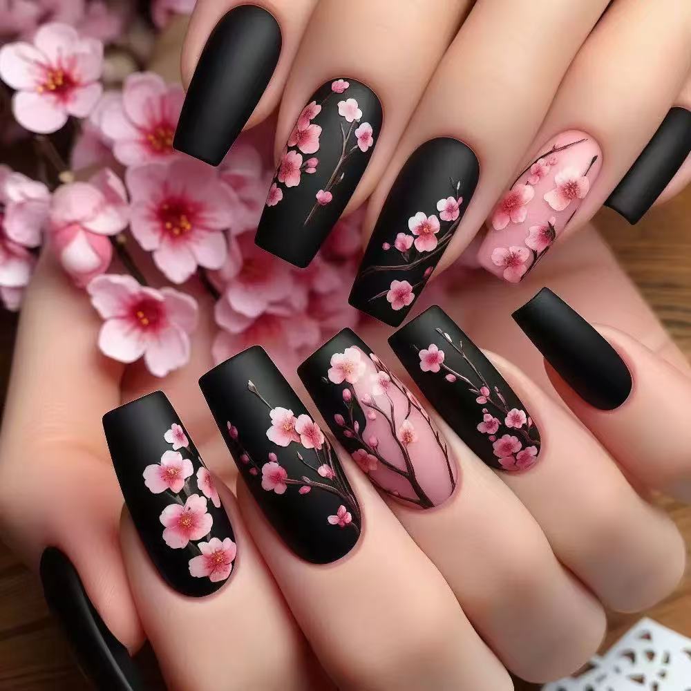 Artificial nail set with floral accents and matte finish Bowlift