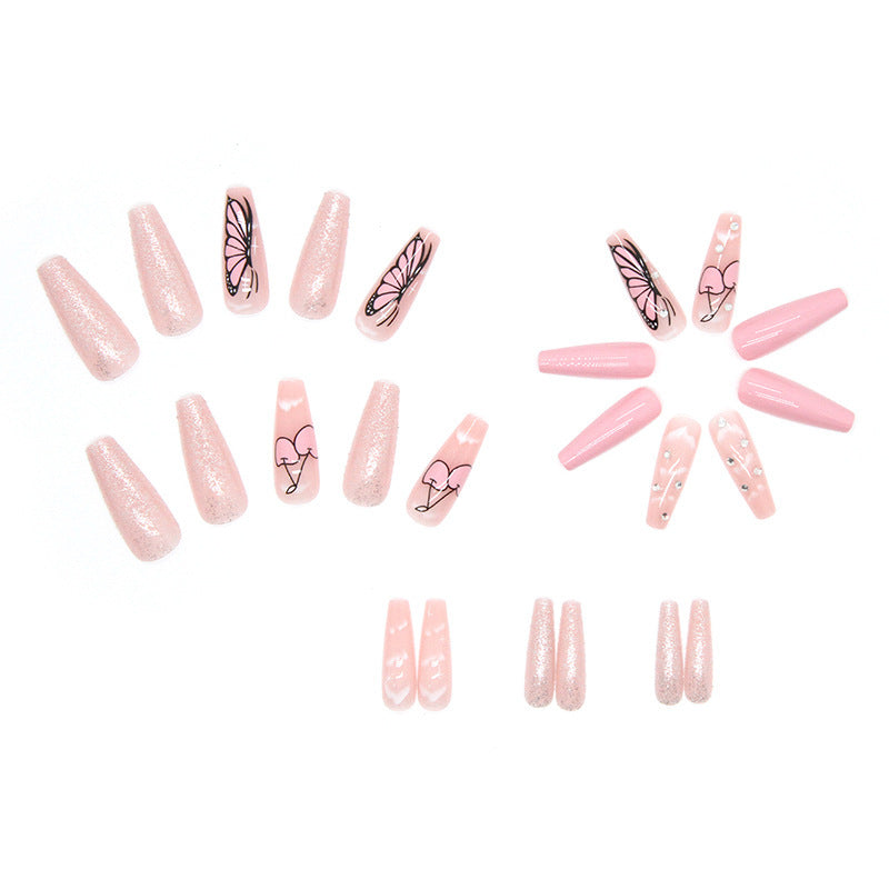 Artificial nail set with romantic butterfly designs and glitter accents Bowlift