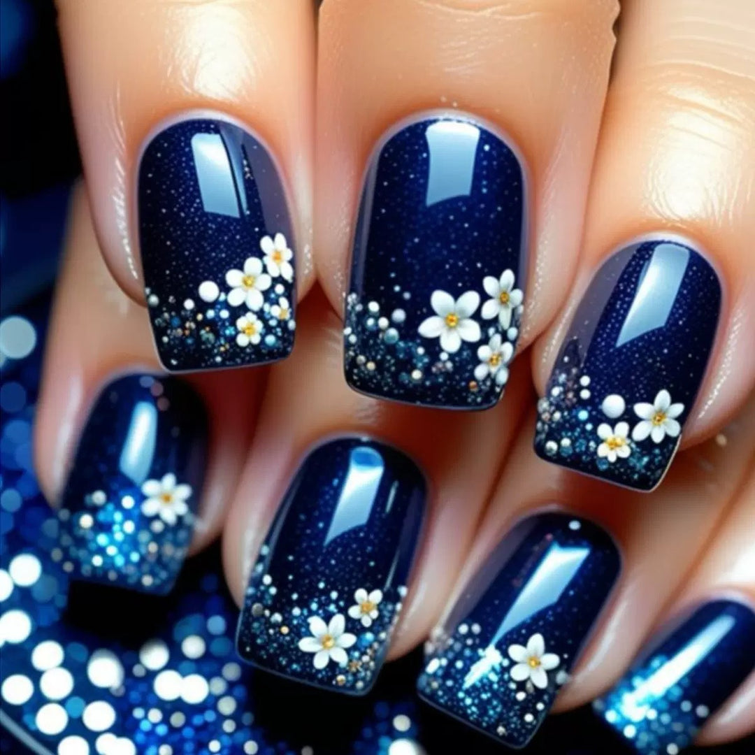 Acrylic nail set with elegant flower design and glitter accents Bowlift