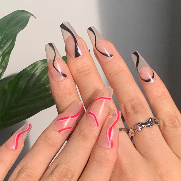 Trendy Artificial Nails with Wave Design Bowlift