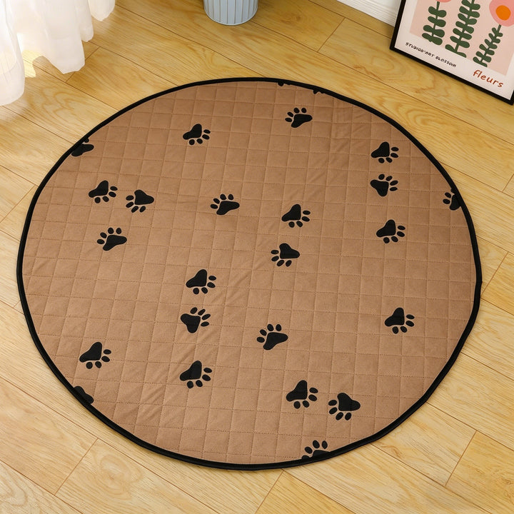 Round Quilted Pet Mat With Paw-Print Non-Slip Underside Bowlift